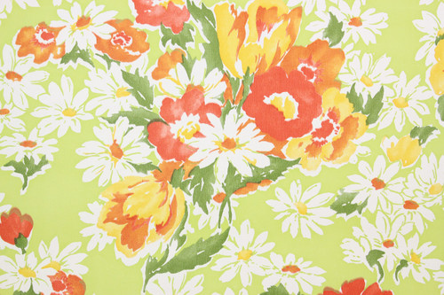 1970s Retro Vintage Wallpaper Red Flowers Daisies on Bright Green Vinyl