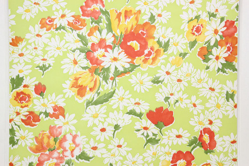 1970s Retro Vintage Wallpaper Red Flowers Daisies on Bright Green Vinyl