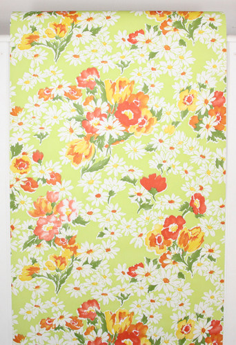 1970s Retro Vintage Wallpaper Red Flowers Daisies on Bright Green Vinyl