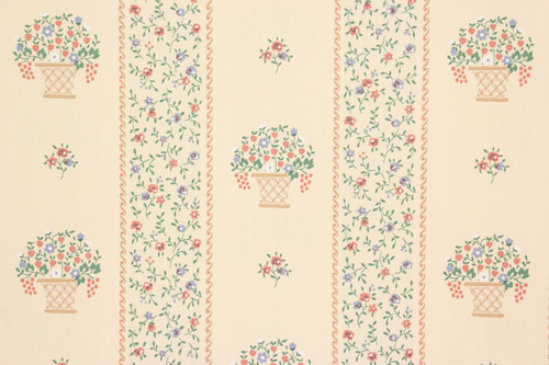 1980s Retro Vintage Wallpaper Flower Baskets Stripe