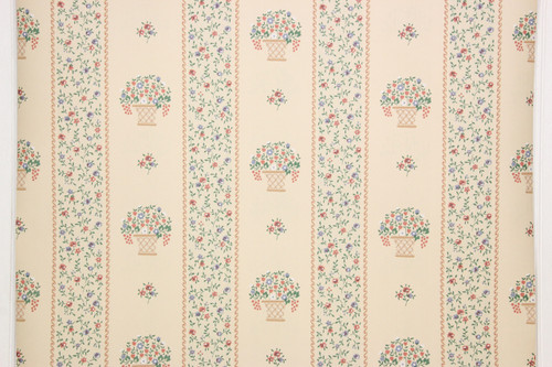 1980s Retro Vintage Wallpaper Flower Baskets Stripe