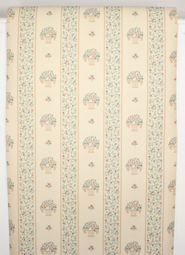 1980s Retro Vintage Wallpaper Flower Baskets Stripe