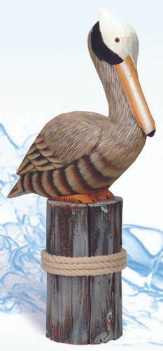 Decorative Brown Wooden Pelican on Post, Shore Birds, Beach Home Outdoor