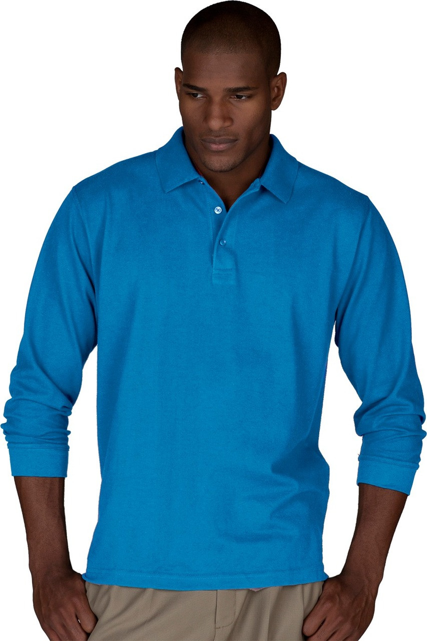 Mens pique cotton/poly blend long sleeve polo shirt in marina blue