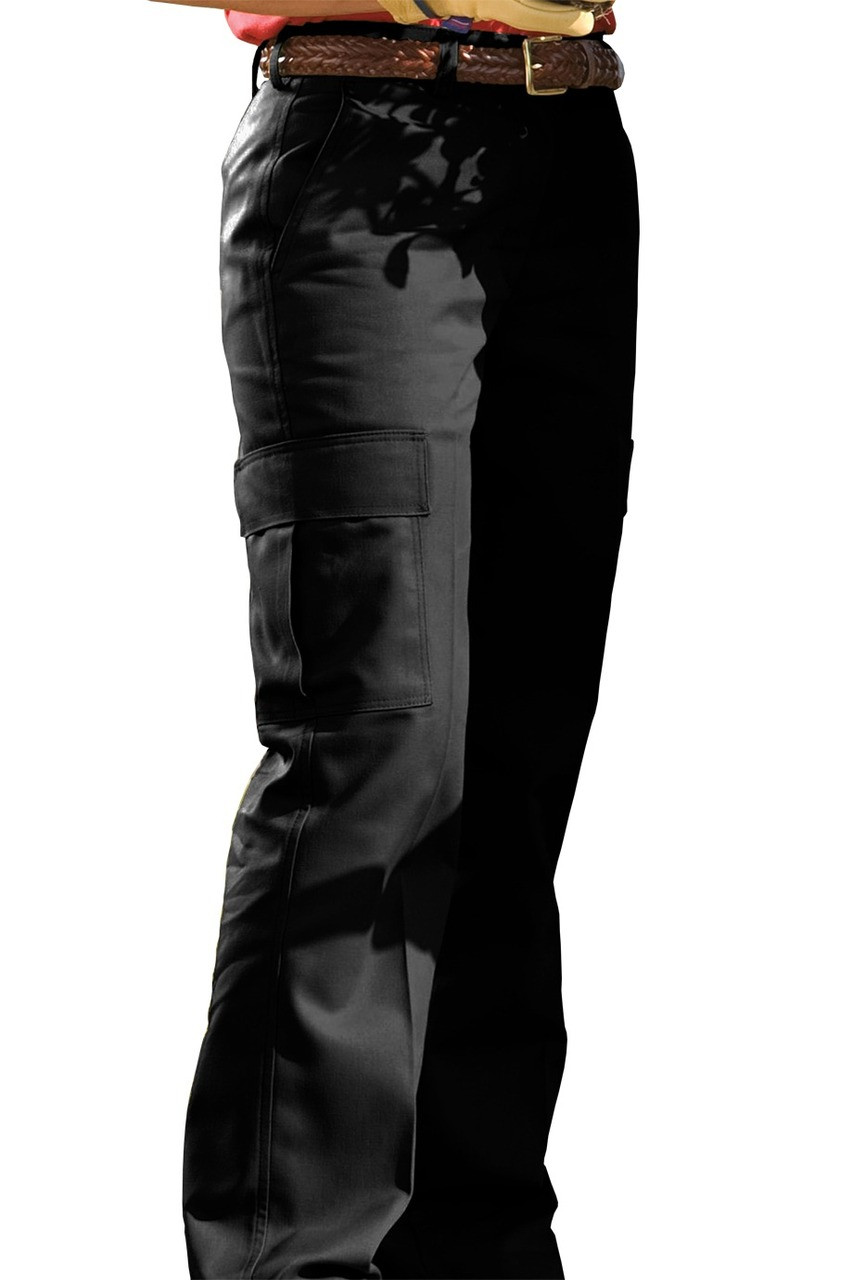 Ladies flat front poly cotton cargo work pants in black