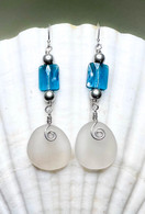 White Sea Glass and Teal Crystal Drop Earrings