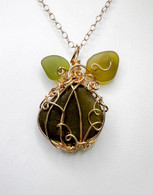 Olive Sea Glass Pumpkin Gold Wrapped Necklace 