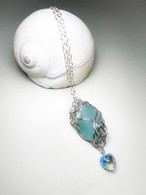 Sterling Wrapped Turquoise Sea Glass and Crystal Heart Necklace 