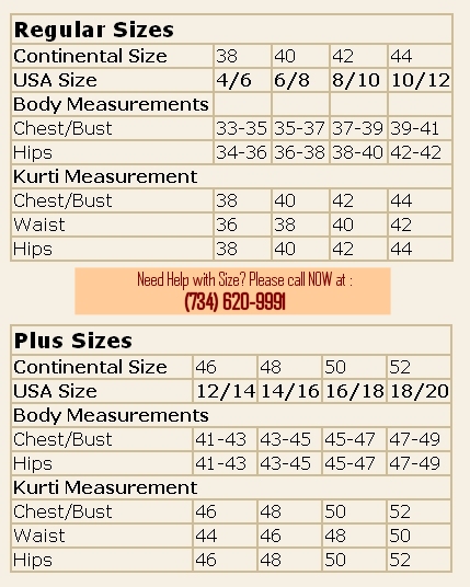 Indian Kurti Size Chart, Sizing USA, Women Top Sizes
