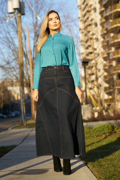 long denim skirts with pockets