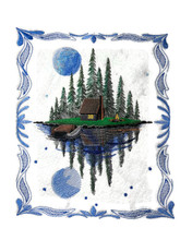 Moonlit Lakeside Cabin Scene
