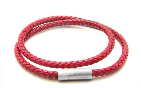 Red Double Wrap Leather Braided Bracelet 
(Front)