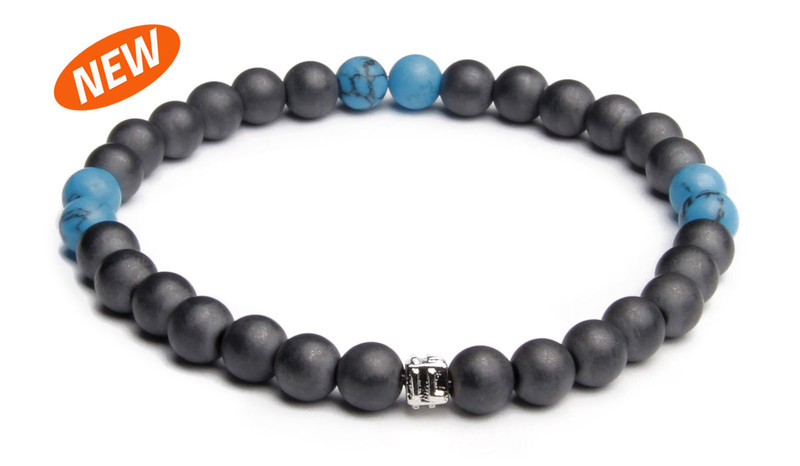 NEW   - IonLoop  mag/fusion +Plus COLOR - Bracelet contains medium sized slate gray magnetic pearls with Surf Blue stones.
(front view)