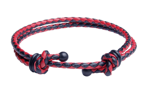 Red & Black Slide Knot Dash Leather Braided Bracelet - Front