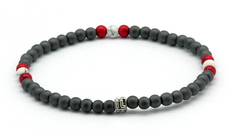 IonLoop  mag/fusion RED & WHITE Bracelet contains slate gray magnetic pearls and 9 decorative stones. 
(front view)