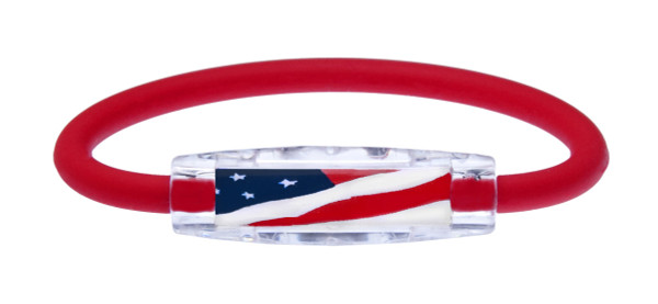 IonLoop Red USA Flag Bracelet contains negative ions and magnets.
(front view)