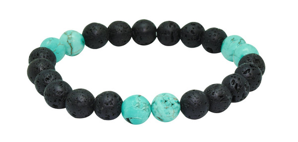 New IonLoop  Lava & Turquoise Stone Bracelet contains 8mm sized molten rock beads with 9 Turquoise stone. 
(front view)