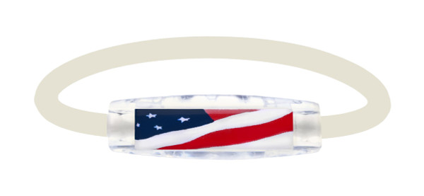 The IonLoop White USA Flag Bracelet contains negative ions and magnets.
(front view)