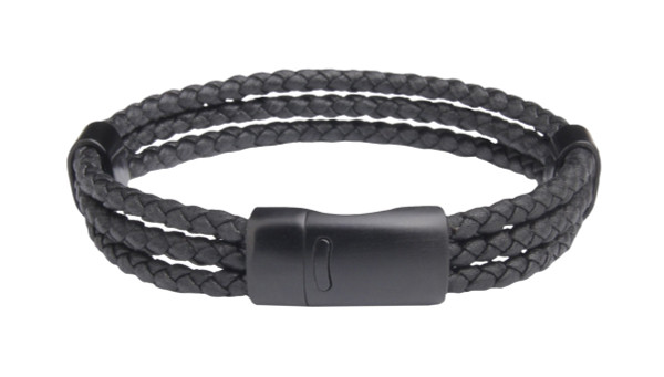 Three Strand Leather Black Braided Bracelet 
(front view)