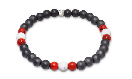 IonLoop  mag/fusion +Plus RED+WHITE COLOR - Bracelet contains medium sized slate gray magnetic pearls with Smoke Red + White stones.
(front view)