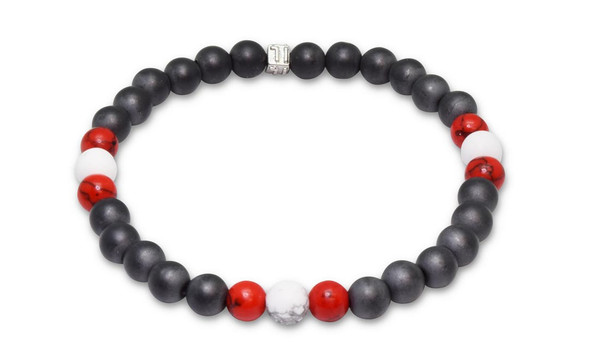 IonLoop  mag/fusion +Plus RED+WHITE COLOR - Bracelet contains medium sized slate gray magnetic pearls with Smoke Red + White stones.
(front view)