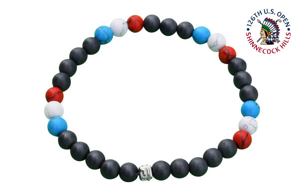 IonLoop  mag/fusion +Plus AMERICA - Bracelet contains medium sized slate gray magnetic pearls with Red. White & Blue stones.
(front view)