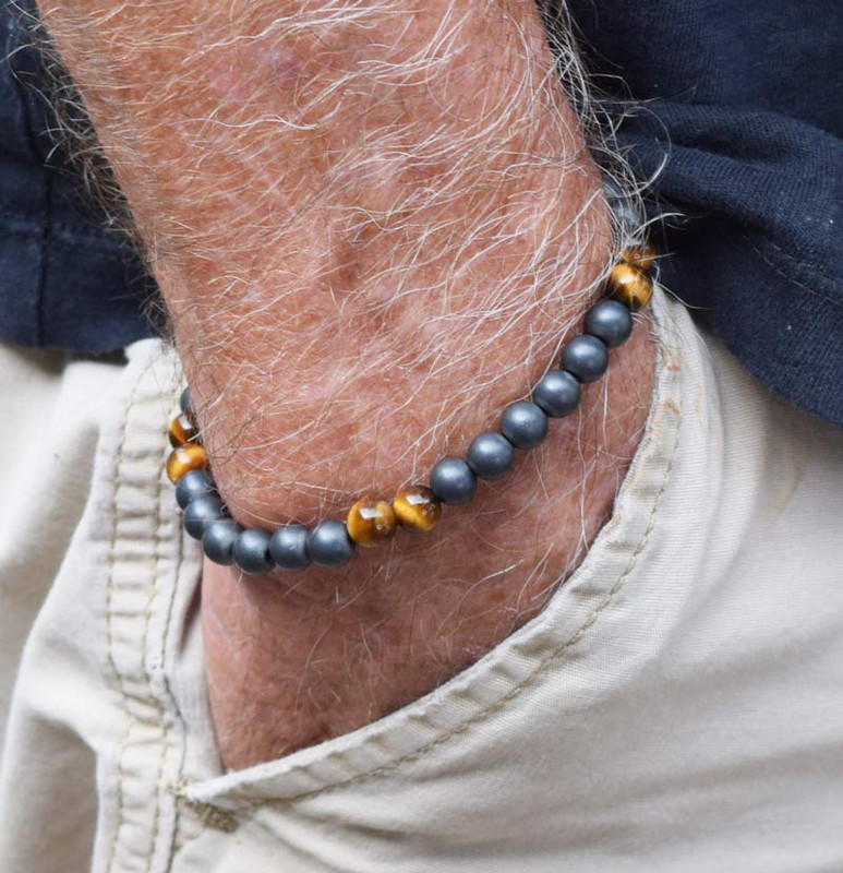 IonLoop  mag/fusion +Plus TIGER EYE - Bracelet contains medium sized slate gray magnetic pearls with 6 Tiger Eye stones.

