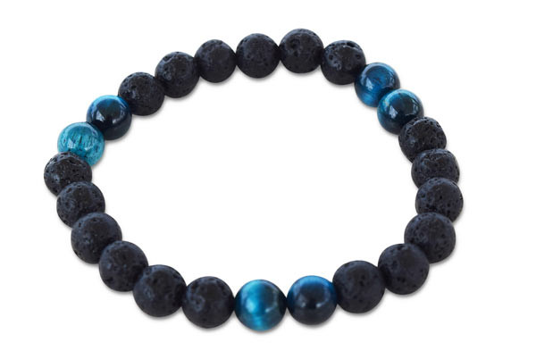 IonLoop  Lava /Tiger Eye Blue Stone Bracelet contains 8 mm-sized molten rock beads with 6 Tiger Eye Blue stones. 
