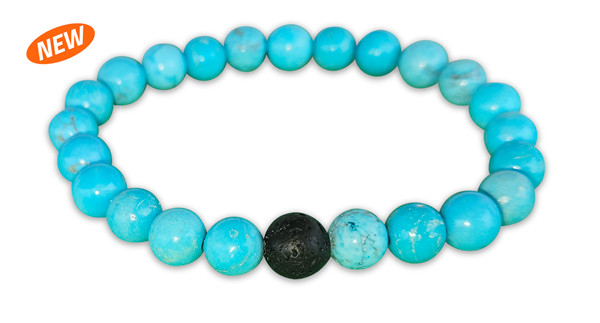 IonLoop 8mm Turquoise Stone Bracelet  with one molten Lava rock bead.
(front view)