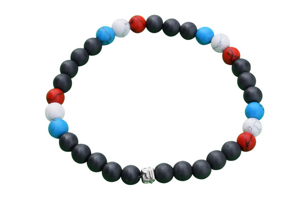 IonLoop  mag/fusion +Plus USA - Bracelet contains medium sized slate gray magnetic pearls with Red. White & Blue stones.
(front view)