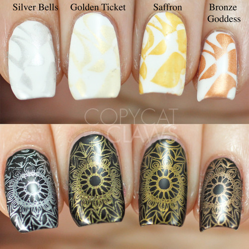 Swatches courtesy of Copycat Claws | GIRLY BITS COSMETICS Silver Bells Stamping Polish