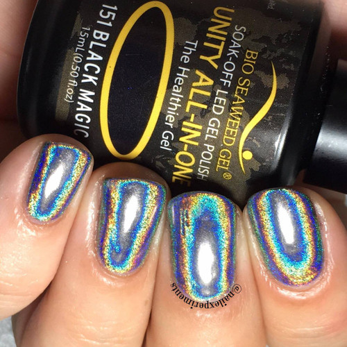 Full Spectrum Holochrome powder pigment (35 micron)  rubbed over no-wipe gel top coat. Swatch by NailExperiments