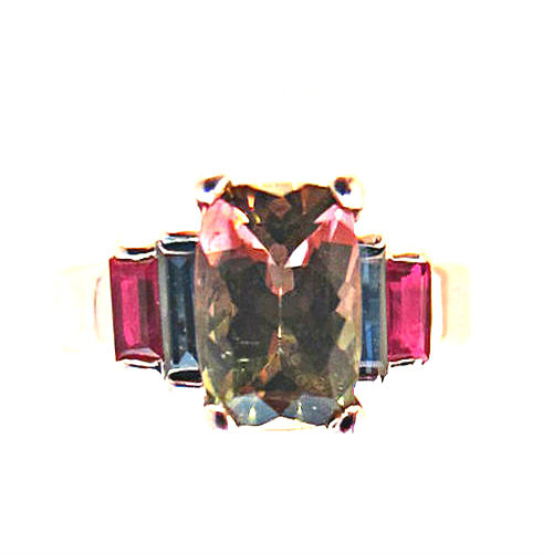 Bi Color Tourmaline, Ruby and Sapphire Designer Ring, set in 18 KT White Gold