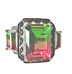 Watermelon Quartz and Black Diamond Ring