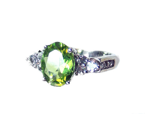 Natural Green Sphene and White Zircon Ring
