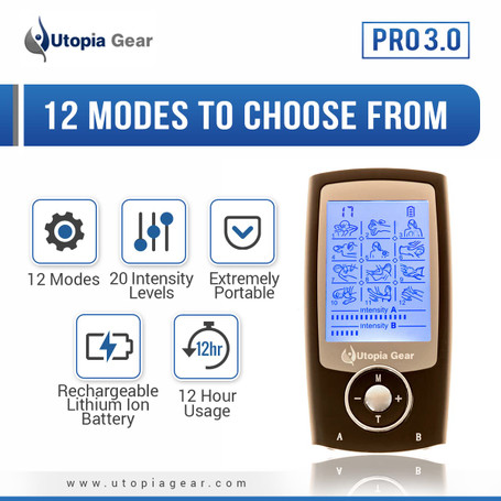 Utopia Pro 3.0 displaying the main features of the TENS unit.