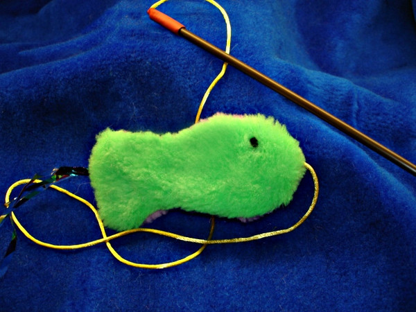 Fun Larry Lure Teaser will keep you and your pet amused for hours. Larry Lure has one side green, and the other side pink, with a shiny color cord tail. Larry also has just enough catnip in him to add to your cat's enticement!
