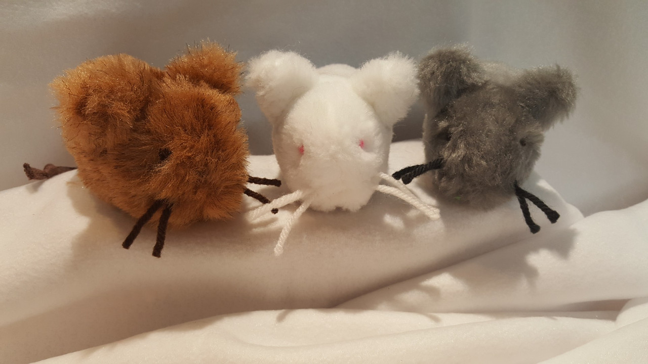 All new eared mice....Meet Grayson, Snow, and Bear mice! Catnip filled, and very mouse like size and appearance. A real MEOW for your pet!