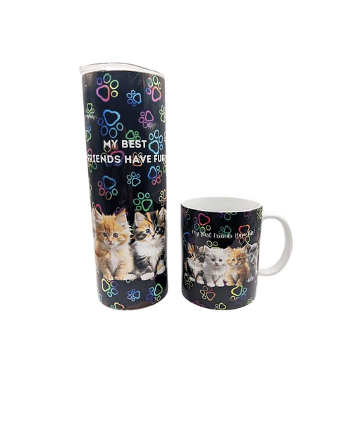 All new "My best friends have fur!" stainless steel Tumbler with awesome cat paws, kitties. Tumbler is 20 oz, comes with lid and straw. Great gift for that cat lover friend or a treat for yourself! (print wraps entire cup)  11 oz ceramic mug is a great gift for the coffee and cat person in your life. (print is on both sides of mug) Both are dishwasher safe. (Please remember, we are not photographers...we do our best)