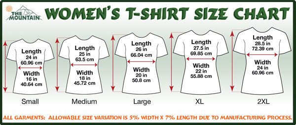 Size information for The Mountain T-shirts & Tank Tops