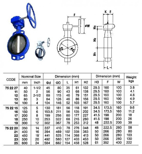 IMPA 752214 BUTTERFLY VALVE WAFER 100 MM CAST IRON SS 304 NBR 52 MM 16