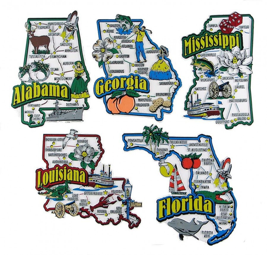 Souvenir Map State Magnet Alabama, Georgia, Louisiana,