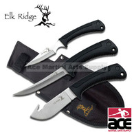 HUNTING KNIFE SET 3 PIECE GUT HOOK KNIFE, 9.25" OVERALL, 4" BLADE. FILLET KNIFE 10 OV BLADE 440 STAINLESS STEEL BLADES RUBBER HANDLE INCLUDES NYLON SHEATH