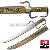 MEDIEVAL SWORD 24.5" OVERALL STAINLESS BLADE WITH STAMPED-ON PIRATE MAP WOOD HANDLE WITH PIRATE CAPTAIN MEDALLION INCLUDES WOOD SCABBARD WITH BURNT ON PIRATE SYMBOLS
