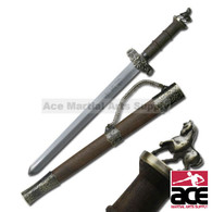 ORIENTAL SWORD 17" OVERALL 11" 440 STAINLESS STEEL BLADE, LASERED ON ZODIAC CHARACTER CHINESE ZODIAC SHORT SWORD, YEAR OF HORSE 4.25" BROWN WOOD HANDLE METAL GUARD
