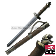 ORIENTAL SWORD 17" OVERALL 11" 440 STAINLESS STEEL BLADE, LASERED ON ZODIAC CHARACTER CHINESE ZODIAC SHORT SWORD, YEAR OF MONKEY 4.25" BROWN WOOD HANDLE METAL GUARD