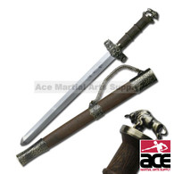 ORIENTAL SWORD 17" OVERALL 11" 440 STAINLESS STEEL BLADE, LASERED ON ZODIAC CHARACTER CHINESE ZODIAC SHORT SWORD, YEAR OF OX 4.25" BROWN WOOD HANDLE METAL GUARD