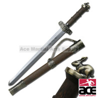ORIENTAL SWORD 17" OVERALL 11" 440 STAINLESS STEEL BLADE, LASERED ON ZODIAC CHARACTER CHINESE ZODIAC SHORT SWORD, YEAR OF RABBIT 4.25" BROWN WOOD HANDLE METAL GUARD