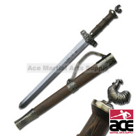 ORIENTAL SWORD 17" OVERALL 11" 440 STAINLESS STEEL BLADE, LASERED ON ZODIAC CHARACTER CHINESE ZODIAC SHORT SWORD, YEAR OF ROOSTER 4.25" BROWN WOOD HANDLE METAL GUARD