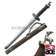 ORIENTAL SWORD 17" OVERALL 11" 440 STAINLESS STEEL BLADE, LASERED ON ZODIAC CHARACTER CHINESE ZODIAC SHORT SWORD, YEAR OF SHEEP 4.25" BROWN WOOD HANDLE METAL GUARD